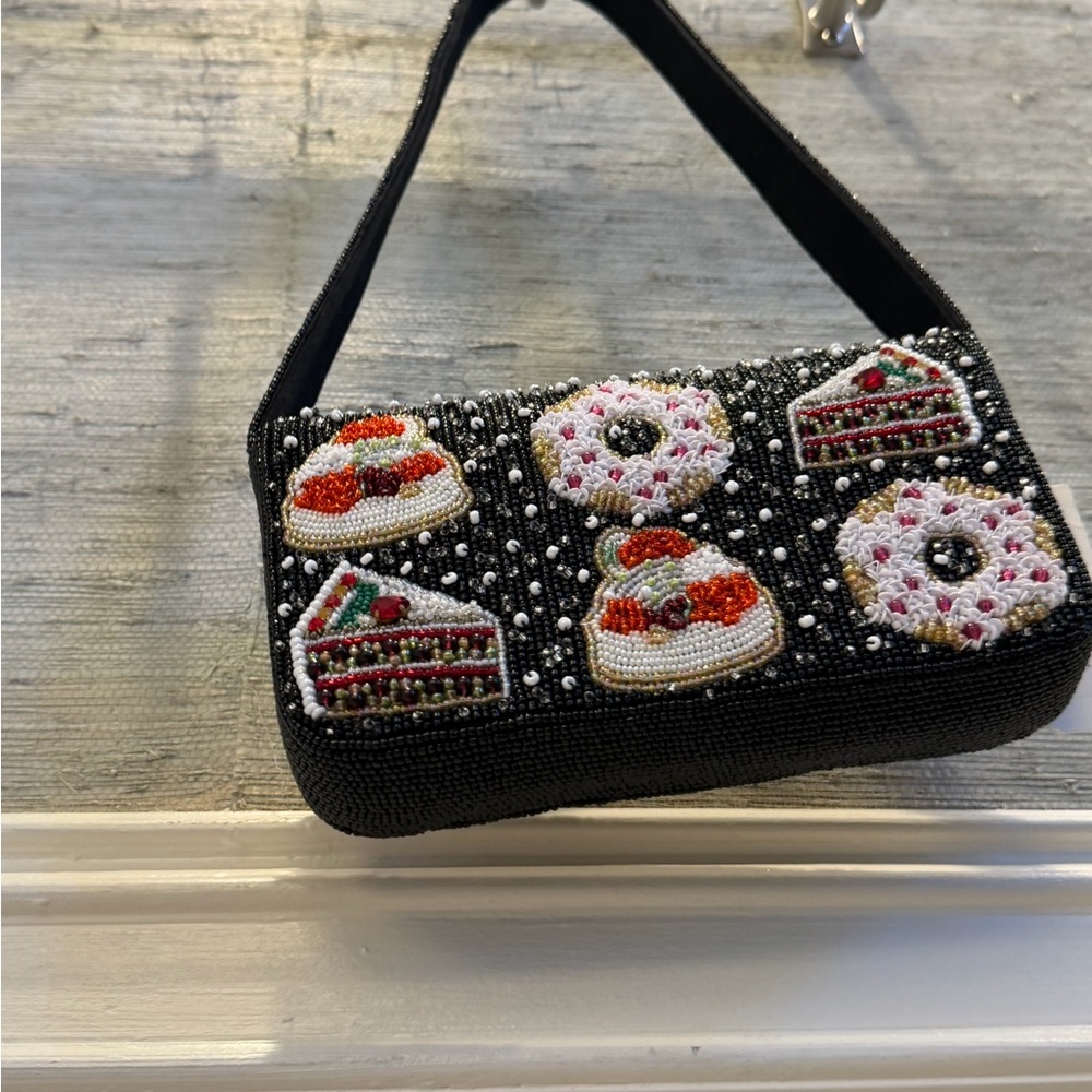 NWT new Anthropologie Fiona beaded shoulder bag holiday desserts black winter - Picture 13 of 17